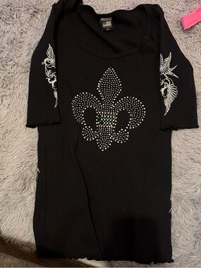 True Freedom Black Long Sleeve Top with Studded Fleur-de-Lis